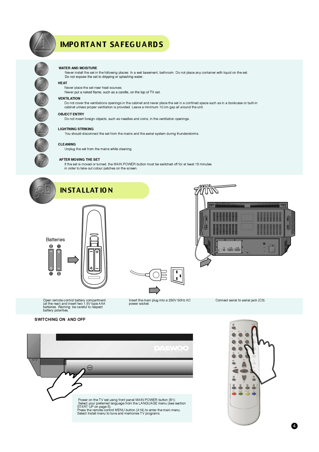 Daewoo DSC-3210EGB manual Impo Rtan T Safegu Ards, Water and Moisture 