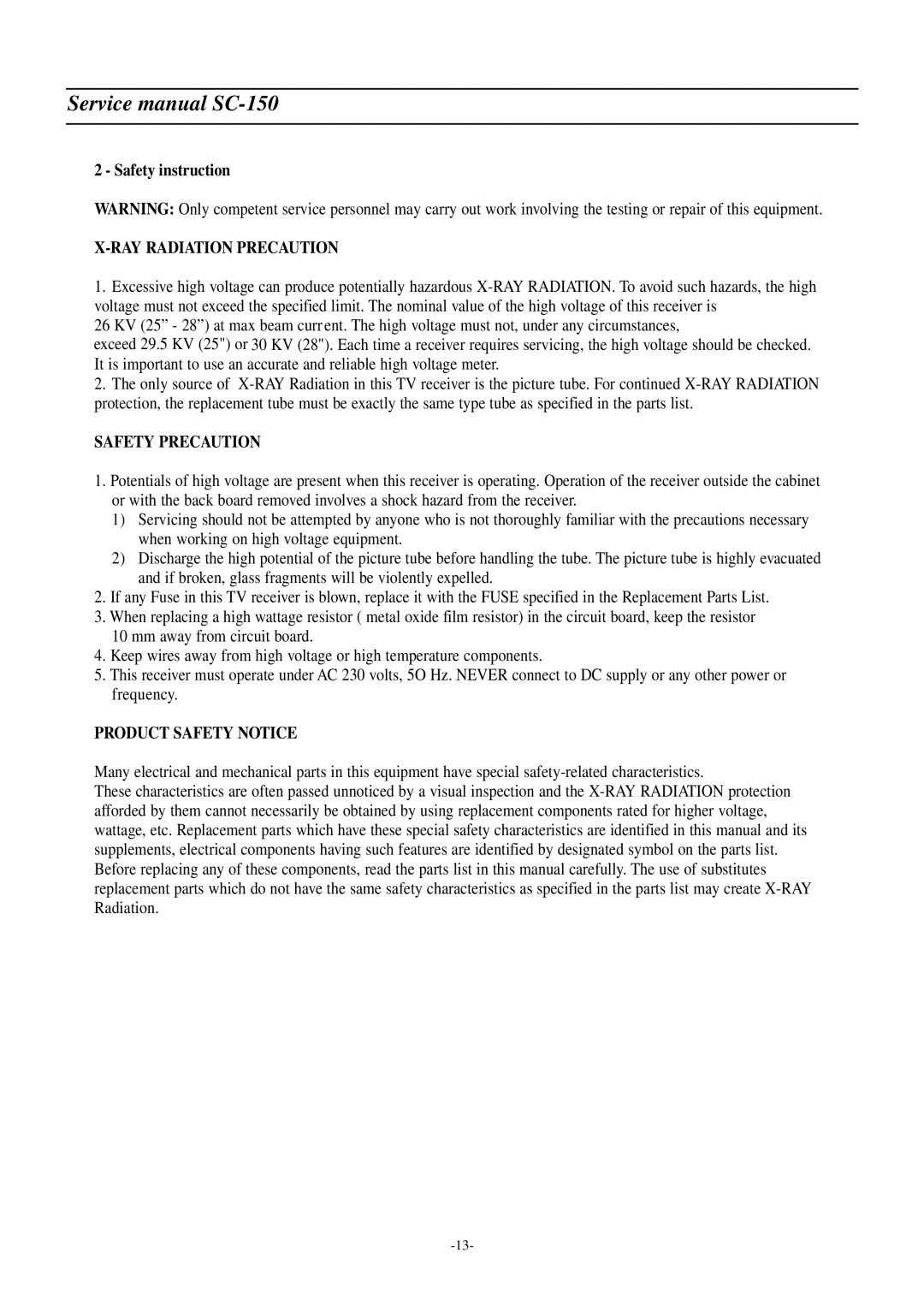 Daewoo DSC-3220E/3220L service manual Safety instruction, RAY Radiation Precaution 