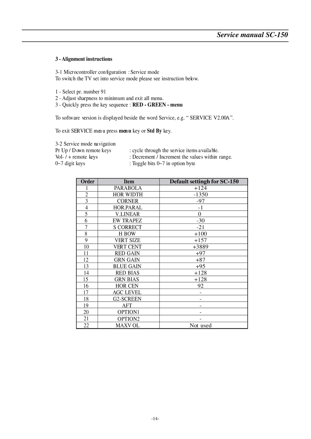 Daewoo DSC-3220E/3220L Alignment instructions, Order Default settingh for SC-150, Parabola, HOR Width, GRN Bias 