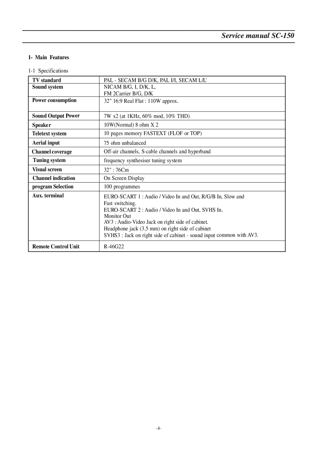 Daewoo DSC-3220E/3220L Main Features, TV standard, Sound system, Power consumption, Sound Output Power, Speaker 