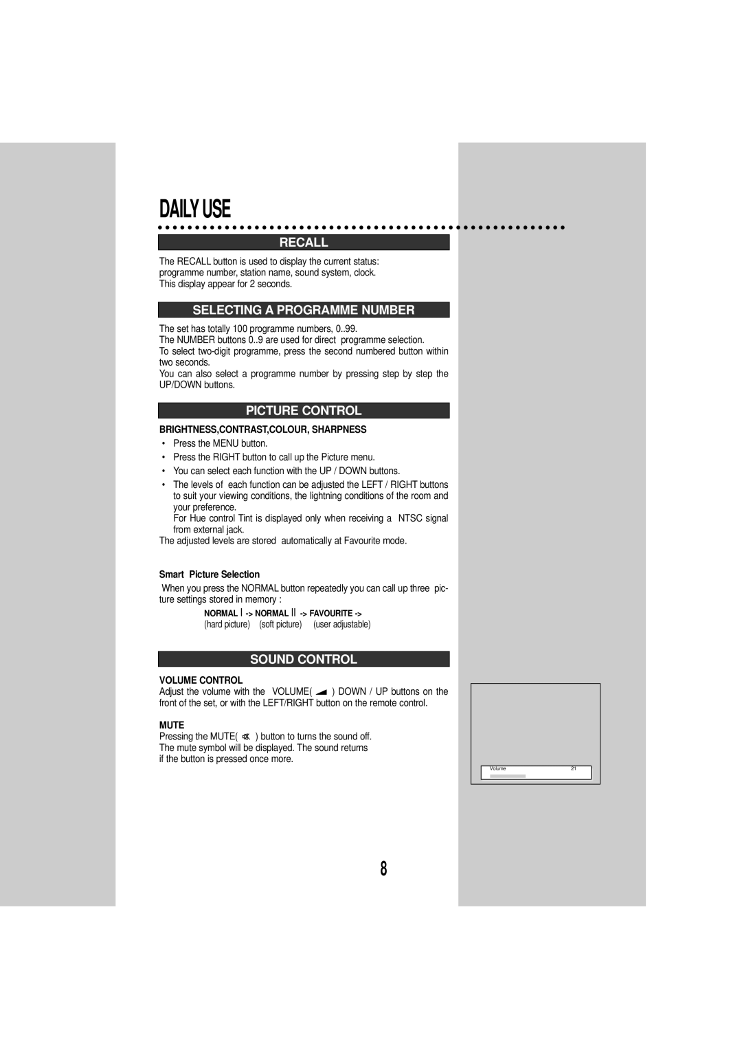 Daewoo DSC-3270E instruction manual Recall, Selecting a Programme Number, Picture Control, Sound Control 