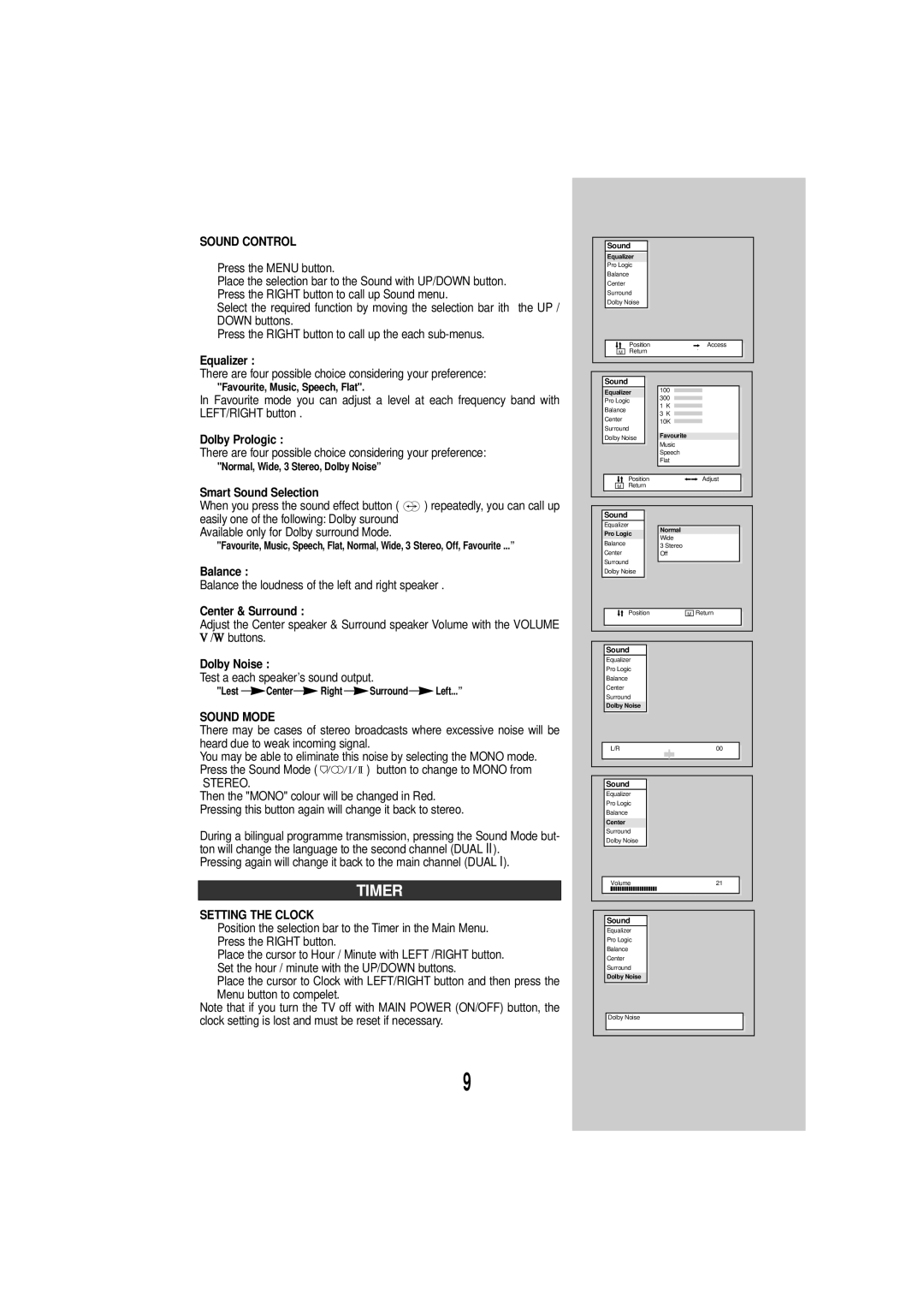 Daewoo DSC-3270E instruction manual Timer, Sound Control, Sound Mode, Setting the Clock 