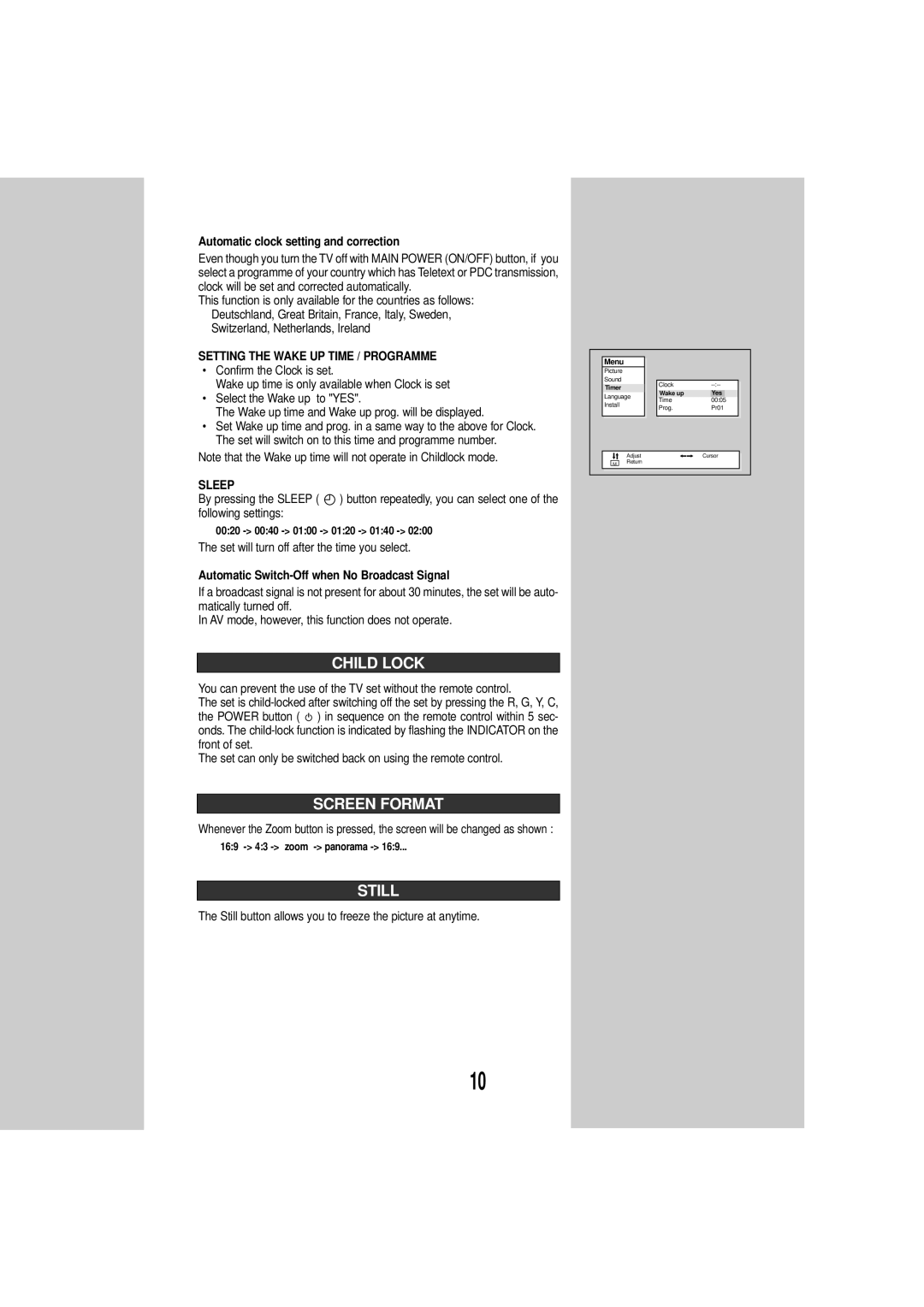 Daewoo DSC-3270E instruction manual Child Lock, Screen Format, Still, Setting the Wake UP Time / Programme, Sleep 