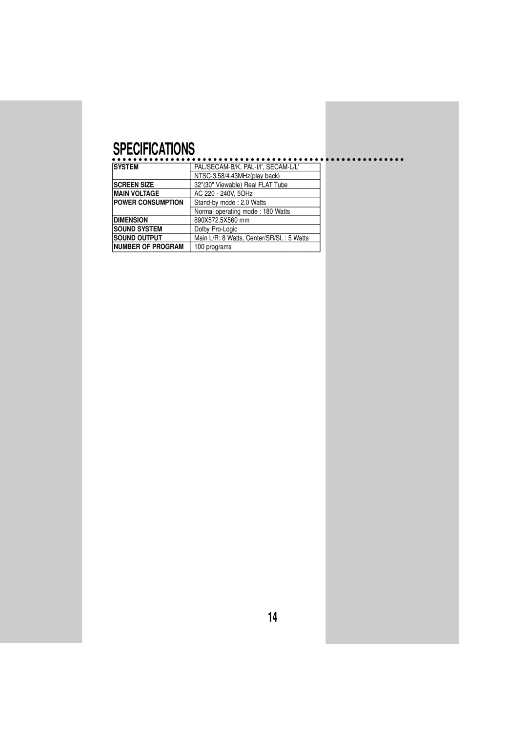 Daewoo DSC-3270E instruction manual Specifications 