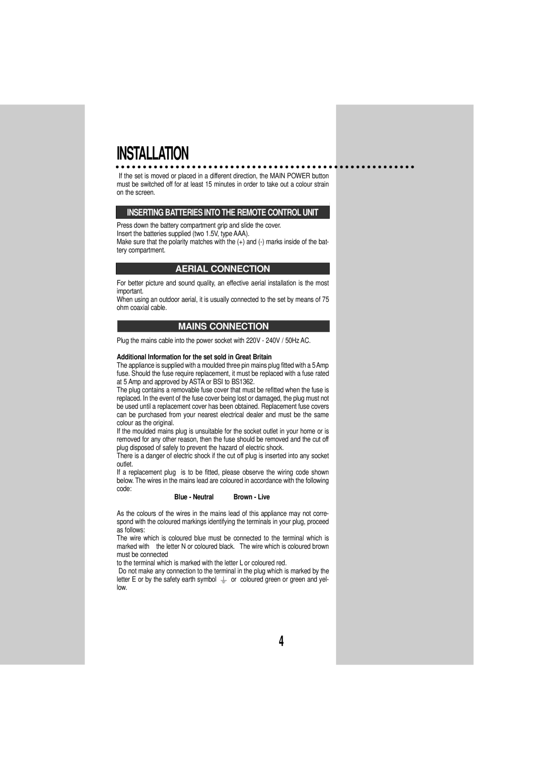 Daewoo DSC-3270E instruction manual Inserting Batteries Into the Remote Control Unit, Aerial Connection, Mains Connection 