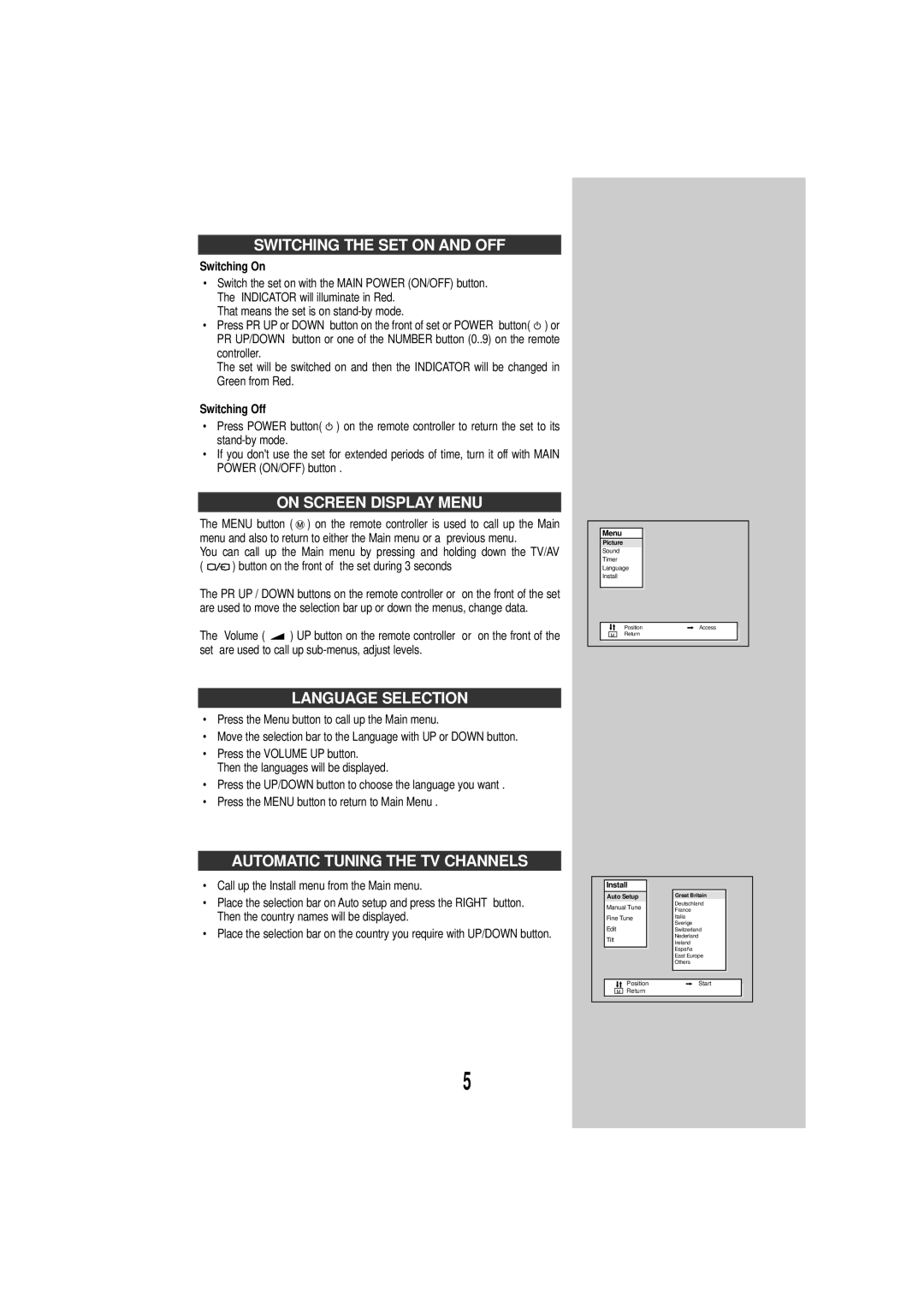 Daewoo DSC-3270E instruction manual Switching the SET on and OFF, On Screen Display Menu, Language Selection 