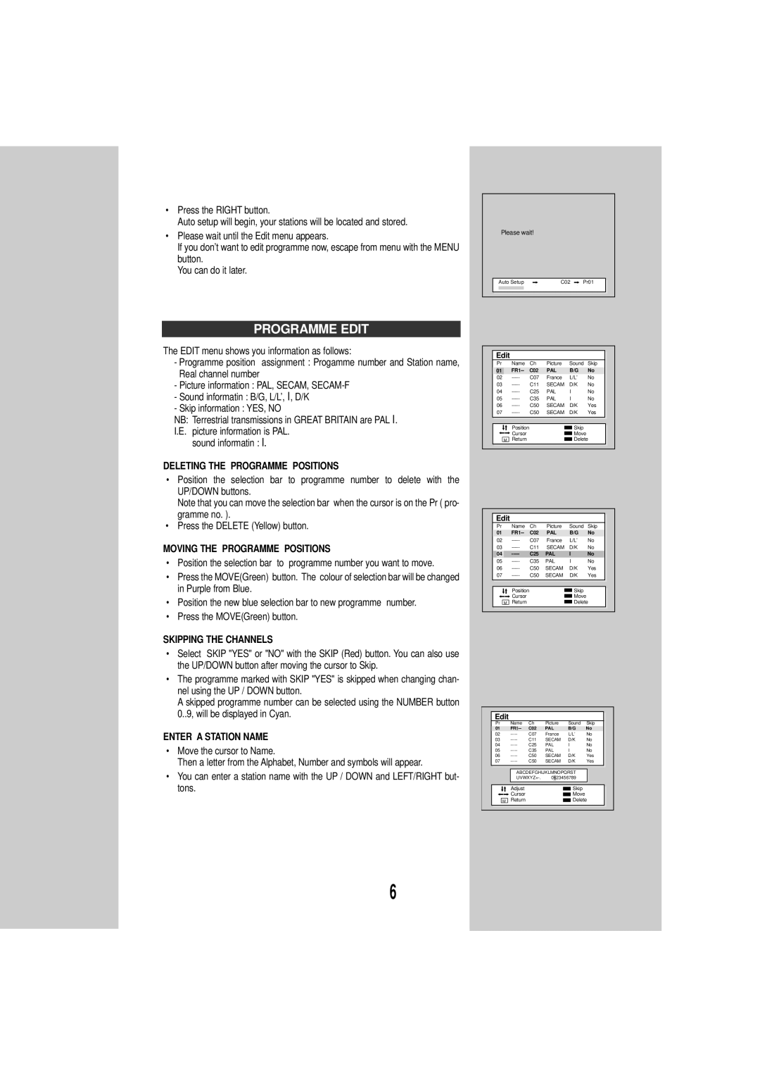 Daewoo DSC-3270E Programme Edit, Deleting the Programme Positions, Moving the Programme Positions, Skipping the Channels 