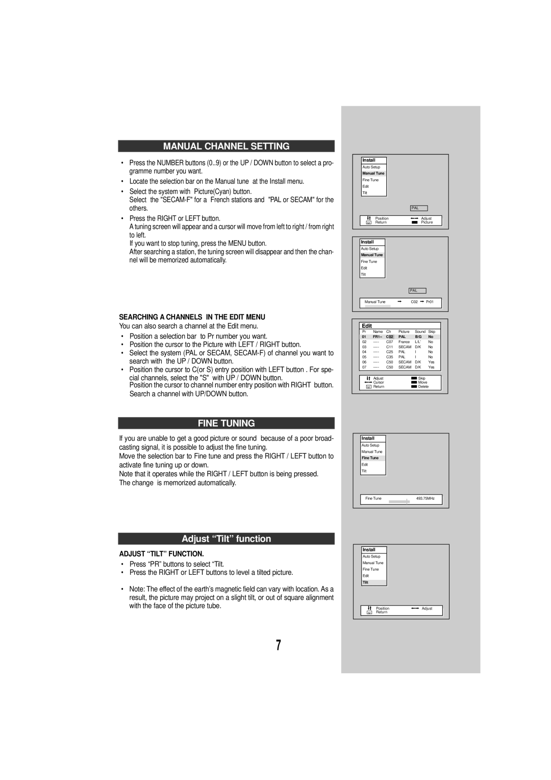 Daewoo DSC-3270E Manual Channel Setting, Fine Tuning, Searching a Channels in the Edit Menu, Adjust Tilt Function 