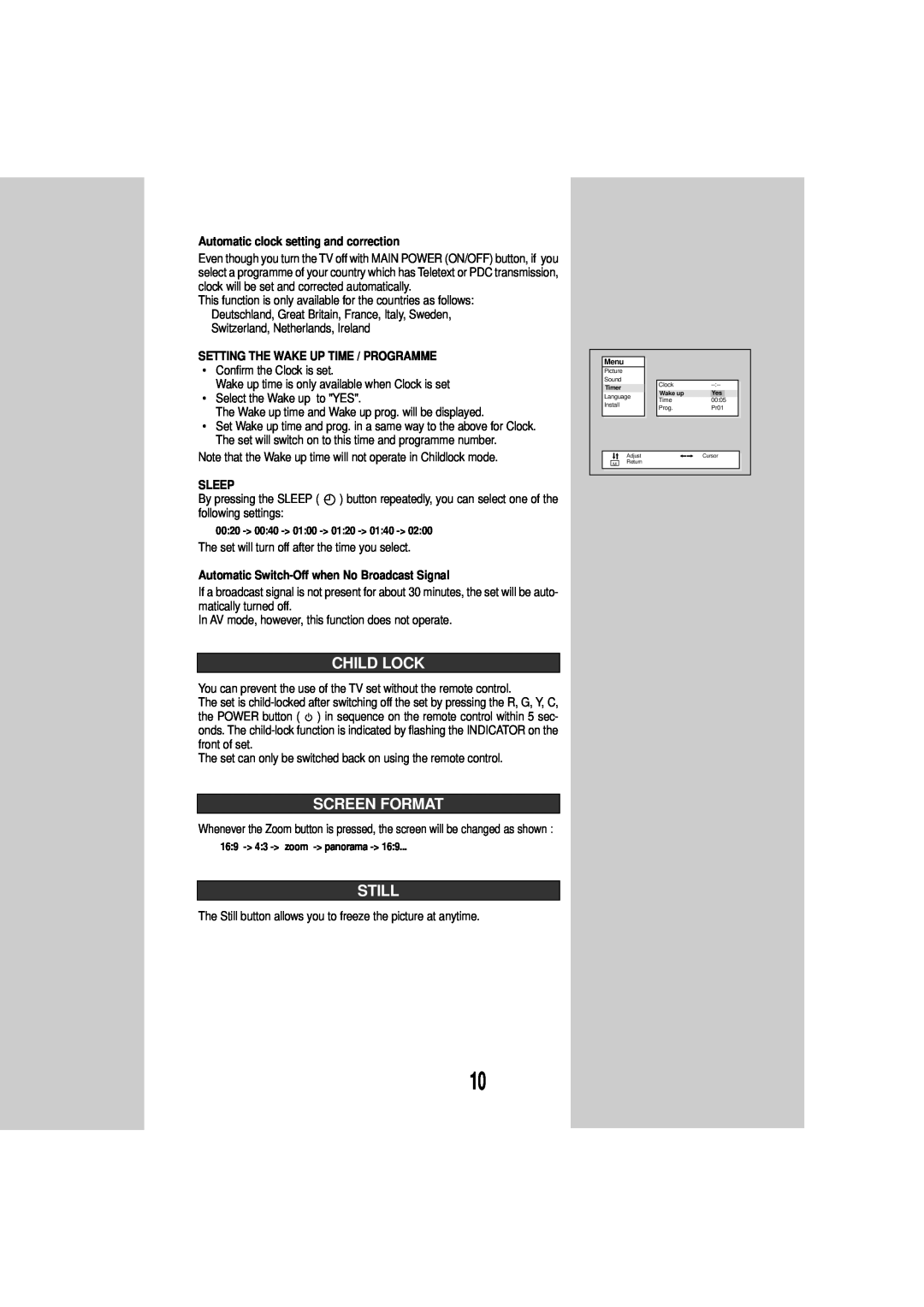 Daewoo DSC-3270E instruction manual Child Lock, Screen Format, Still, Automatic clock setting and correction, Sleep 