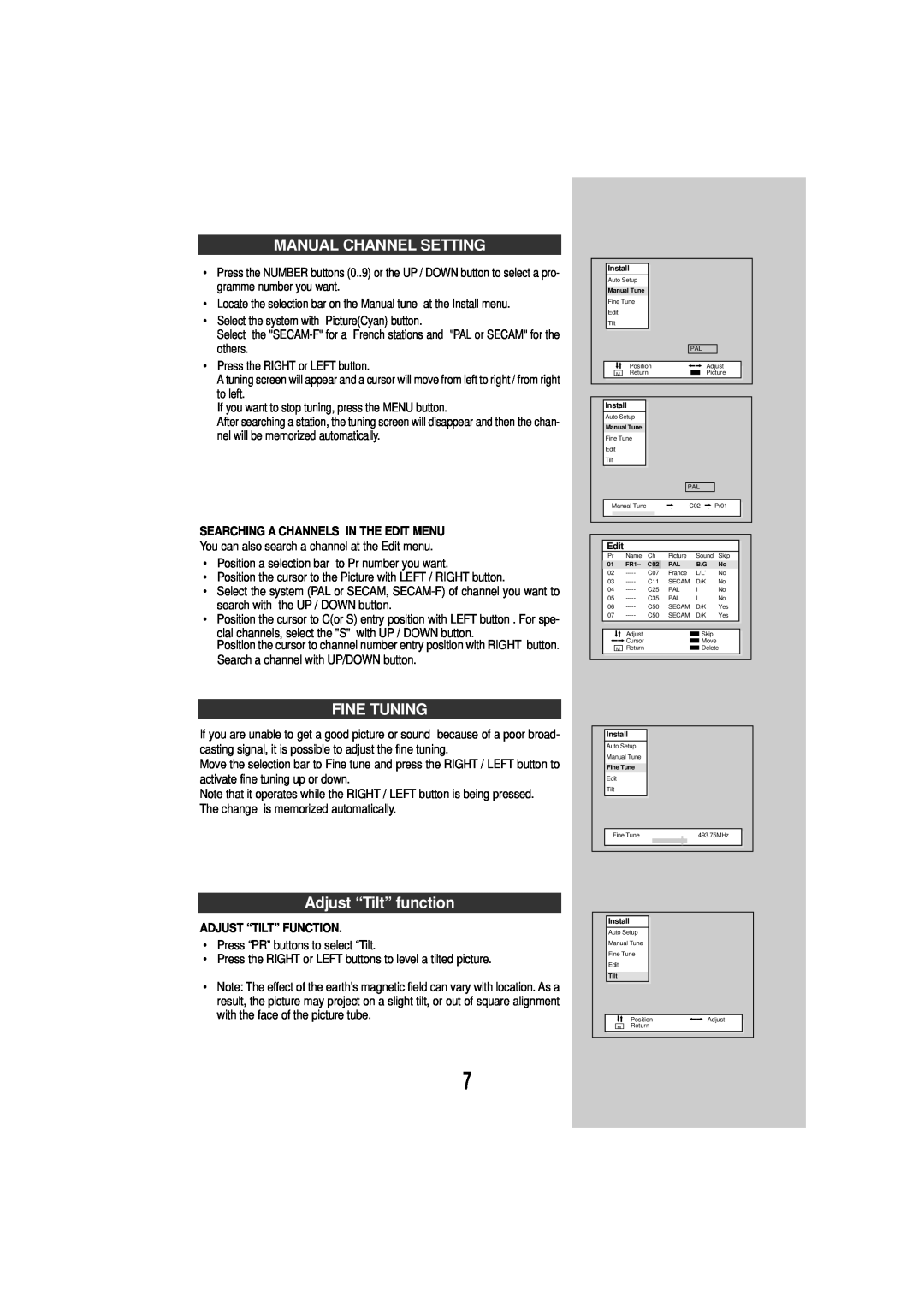 Daewoo DSC-3270E Manual Channel Setting, Fine Tuning, Adjust “Tilt” function, Searching A Channels In The Edit Menu 