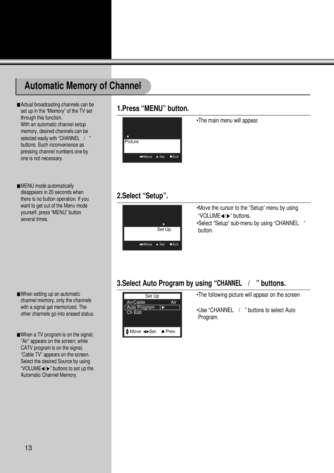 Daewoo DSC-34W70N user manual Automatic Memory of Channel, Press Menu button, Select Setup 