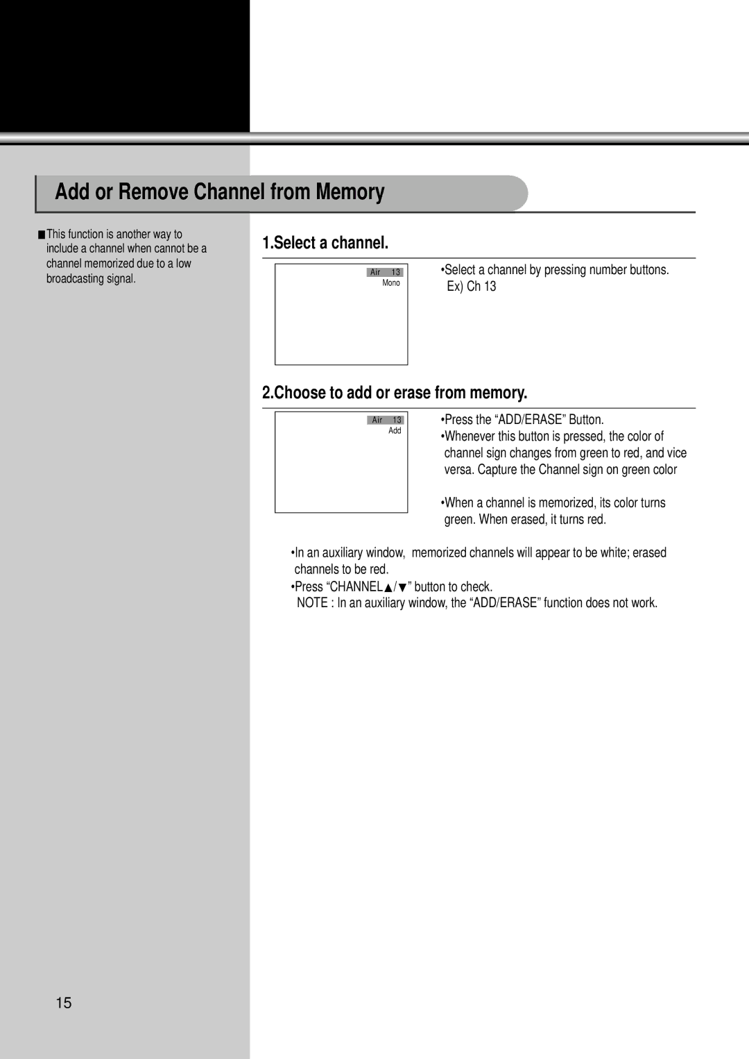 Daewoo DSC-34W70N user manual Add or Remove Channel from Memory, Select a channel, Choose to add or erase from memory 