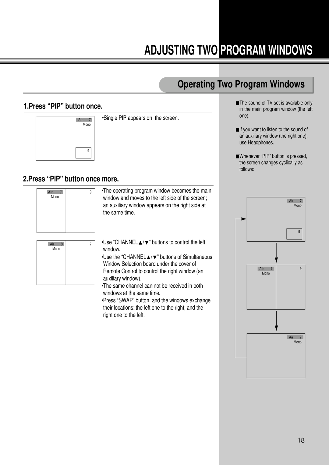 Daewoo DSC-34W70N user manual Press PIP button once more, Use CHANNELx/y buttons to control the left window 