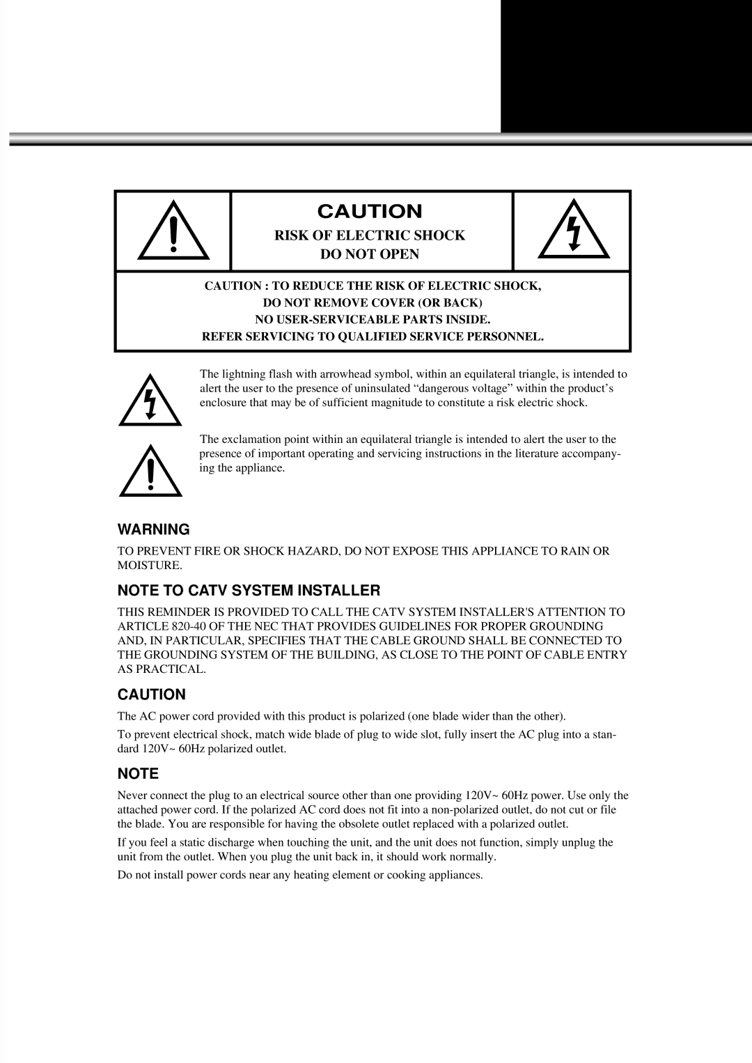 Daewoo DSC-34W70N user manual Risk of Electric Shock Do not Open 