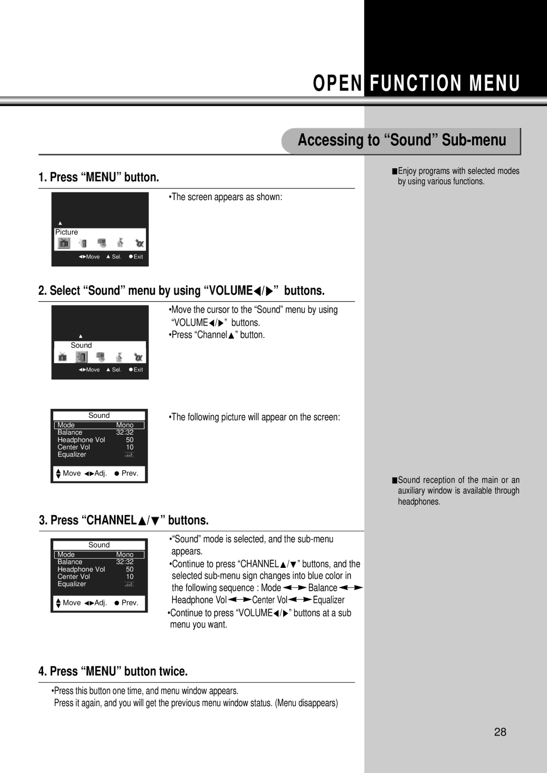 Daewoo DSC-34W70N user manual Open Function Menu, Select Sound menu by using VOLUMEC/B buttons, Press CHANNELx/y buttons 