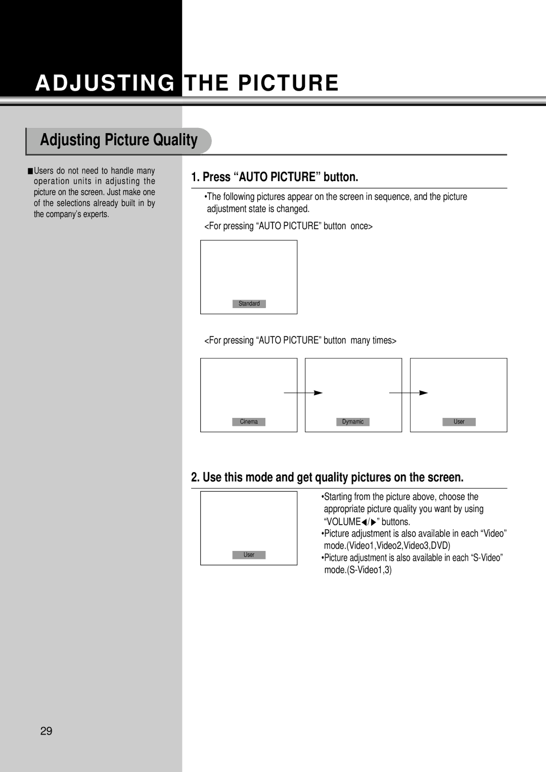 Daewoo DSC-34W70N Adjusting Picture Quality, Press Auto Picture button, For pressing Auto Picture button many times 