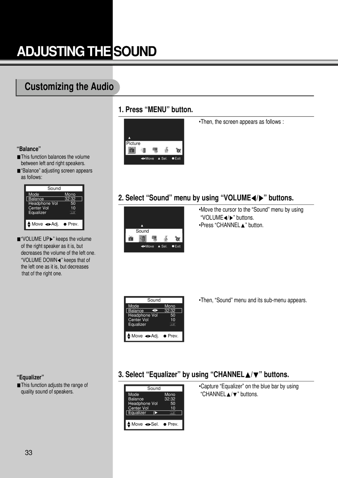 Daewoo DSC-34W70N Adjusting the Sound, Customizing the Audio, Select Equalizer by using CHANNELx/y buttons, Balance 