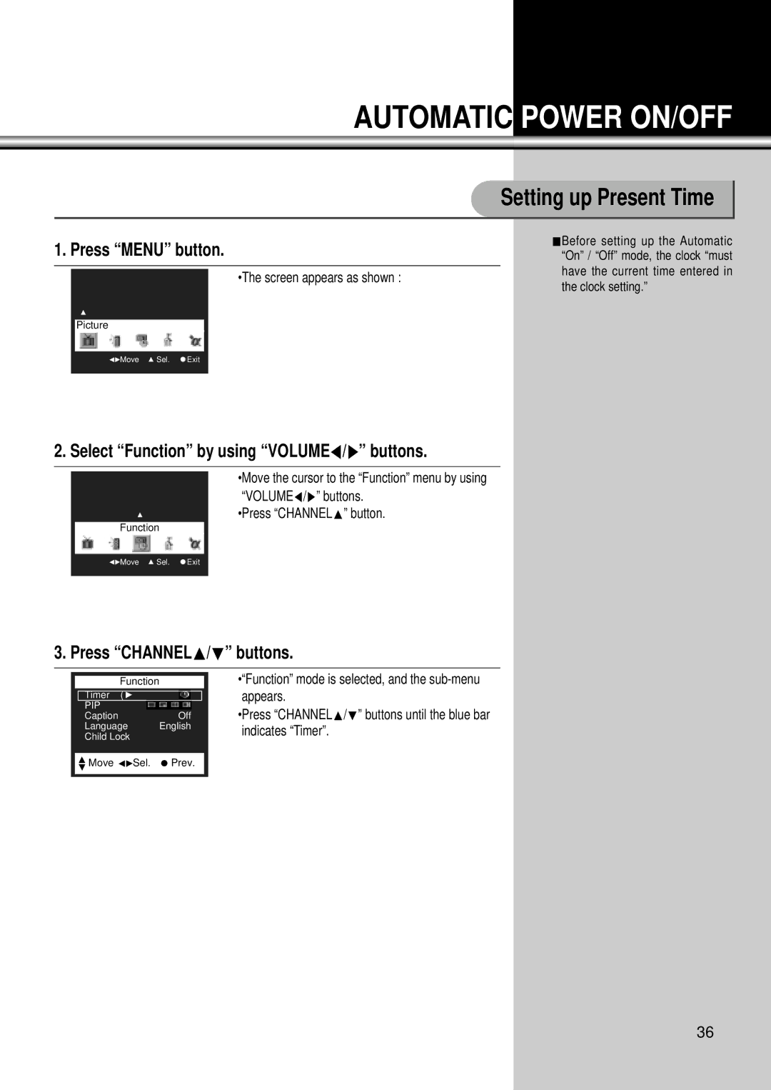 Daewoo DSC-34W70N user manual Setting up Present Time, Select Function by using VOLUMEC/B buttons 