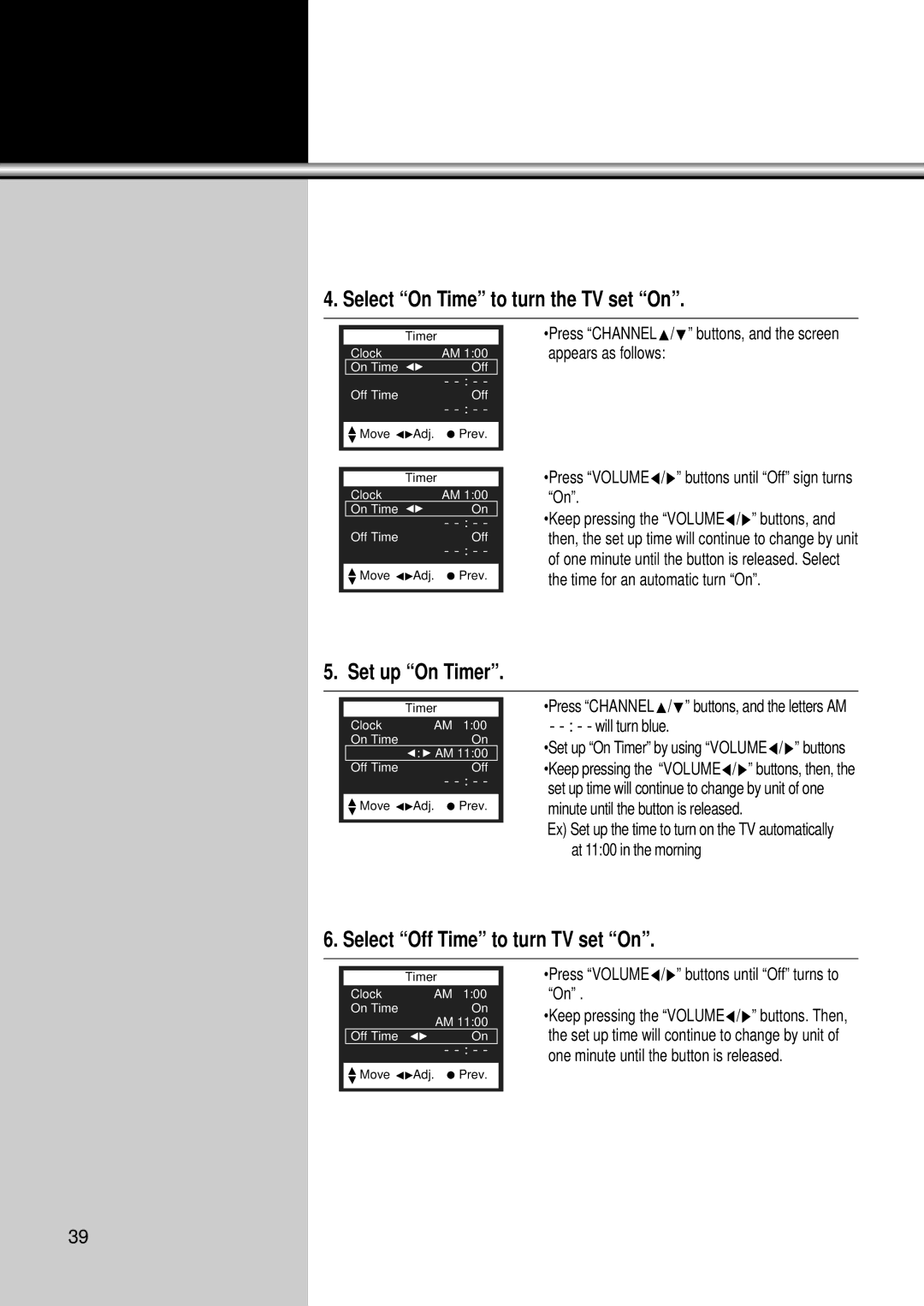 Daewoo DSC-34W70N user manual Select On Time to turn the TV set On, Set up On Timer, Select Off Time to turn TV set On 