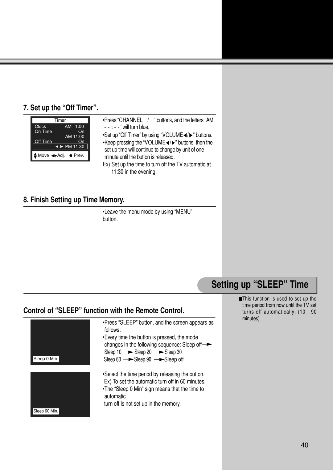 Daewoo DSC-34W70N user manual Setting up Sleep Time, Set up the Off Timer, Finish Setting up Time Memory 