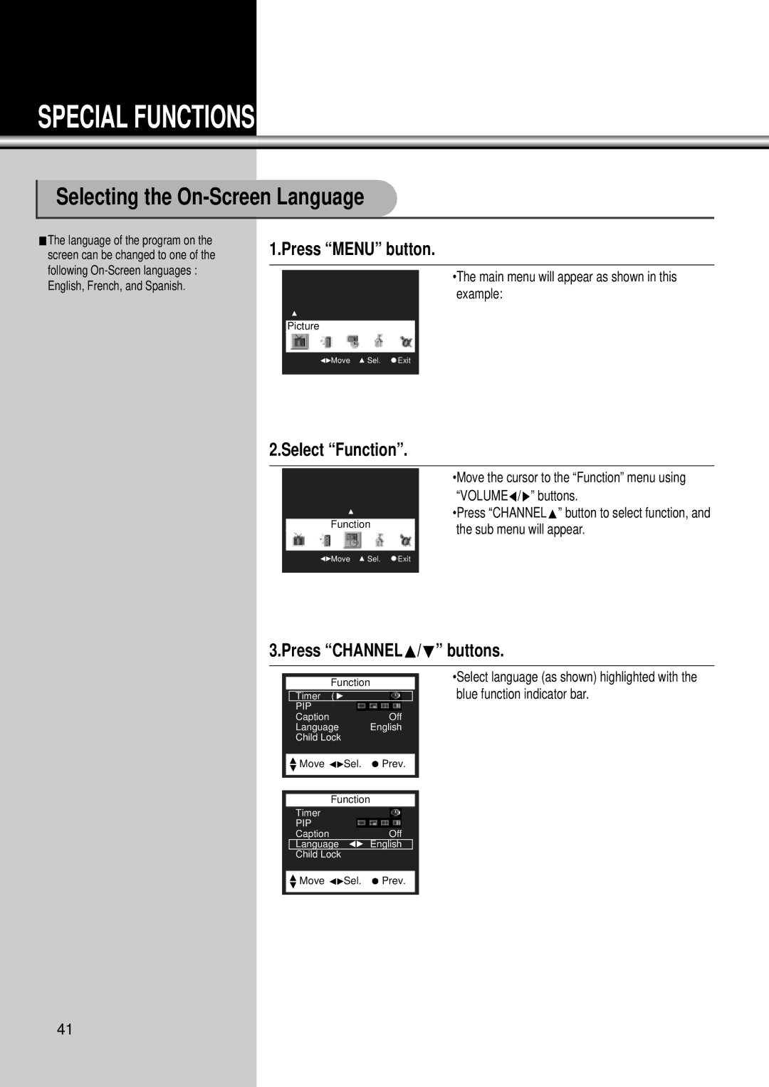 Daewoo DSC-34W70N user manual Special Functions, Selecting the On-Screen Language, Select Function, Example 