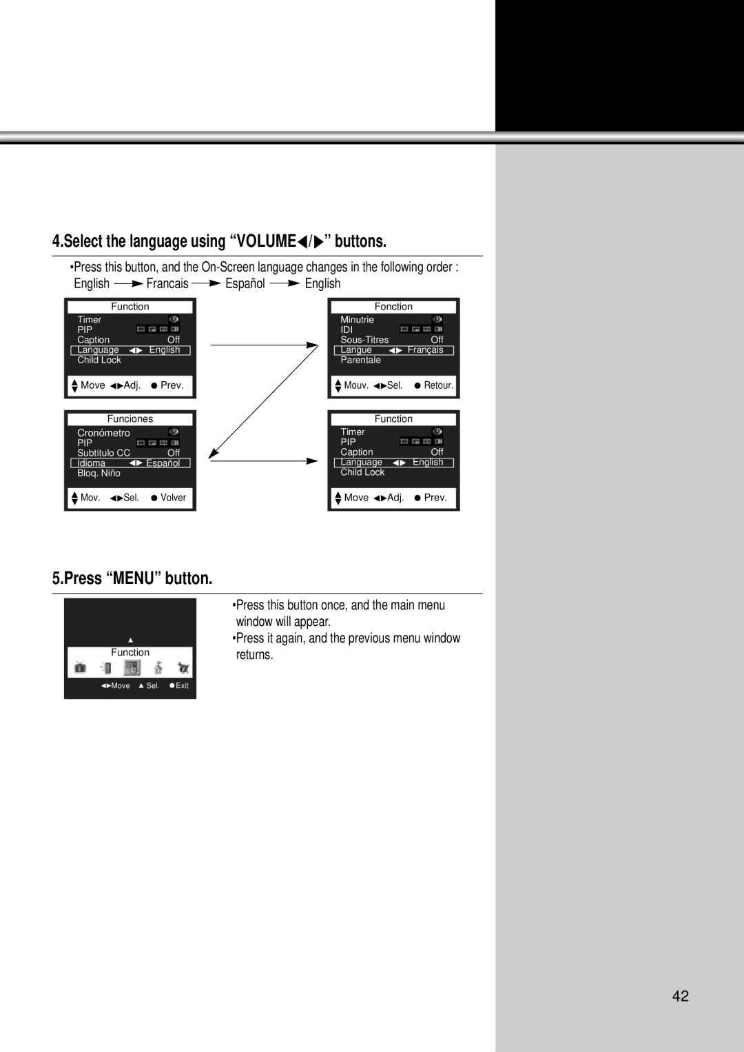 Daewoo DSC-34W70N user manual Select the language using VOLUMEC/B buttons, Cronómetro 