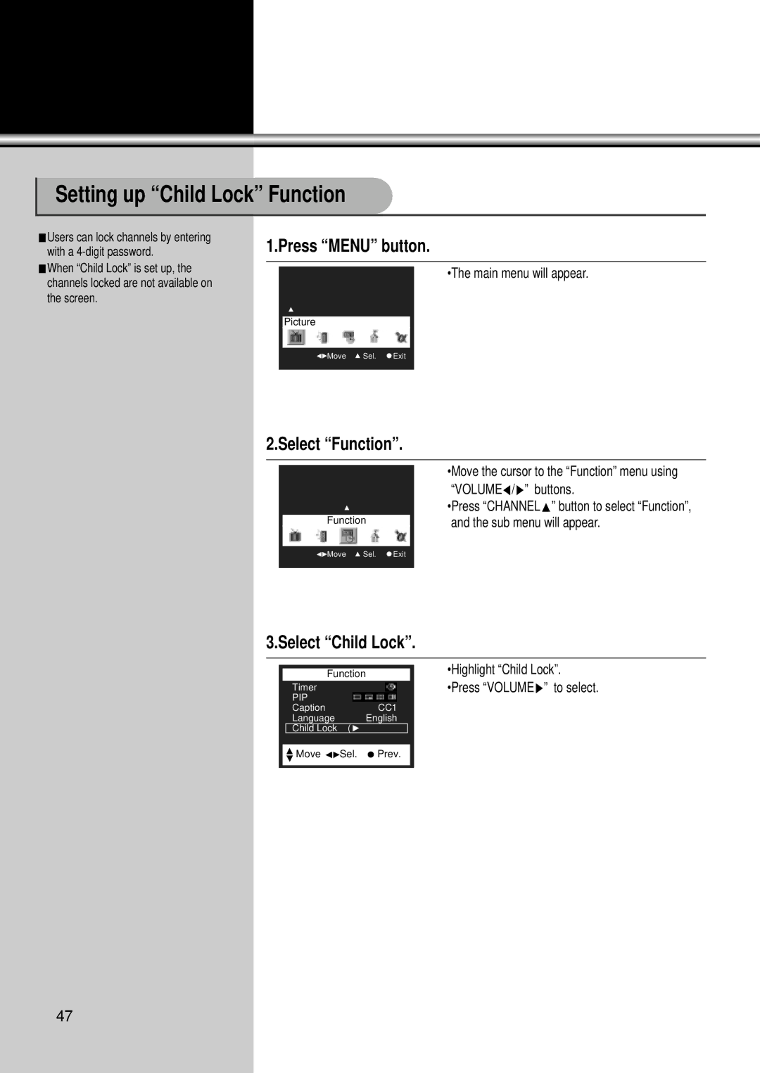 Daewoo DSC-34W70N user manual Setting up Child Lock Function, Select Child Lock 