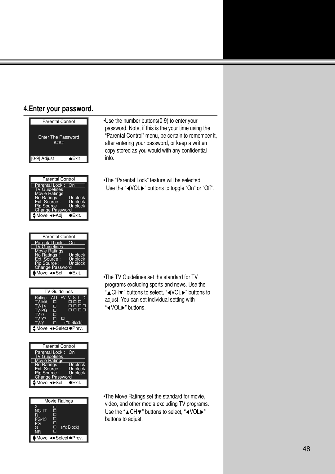 Daewoo DSC-34W70N user manual Enter your password, Tv-Y 