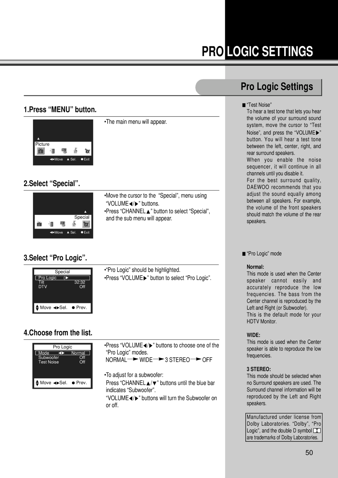 Daewoo DSC-34W70N user manual Pro Logic Settings, Select Special, Select Pro Logic, Choose from the list 