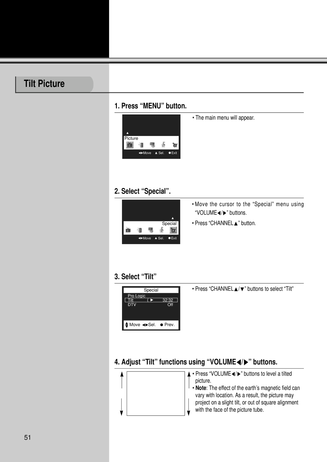 Daewoo DSC-34W70N user manual Tilt Picture, Select Tilt, Adjust Tilt functions using VOLUMEC/B buttons 