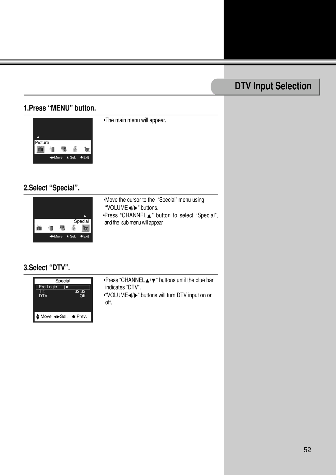 Daewoo DSC-34W70N user manual DTV Input Selection, Select DTV 