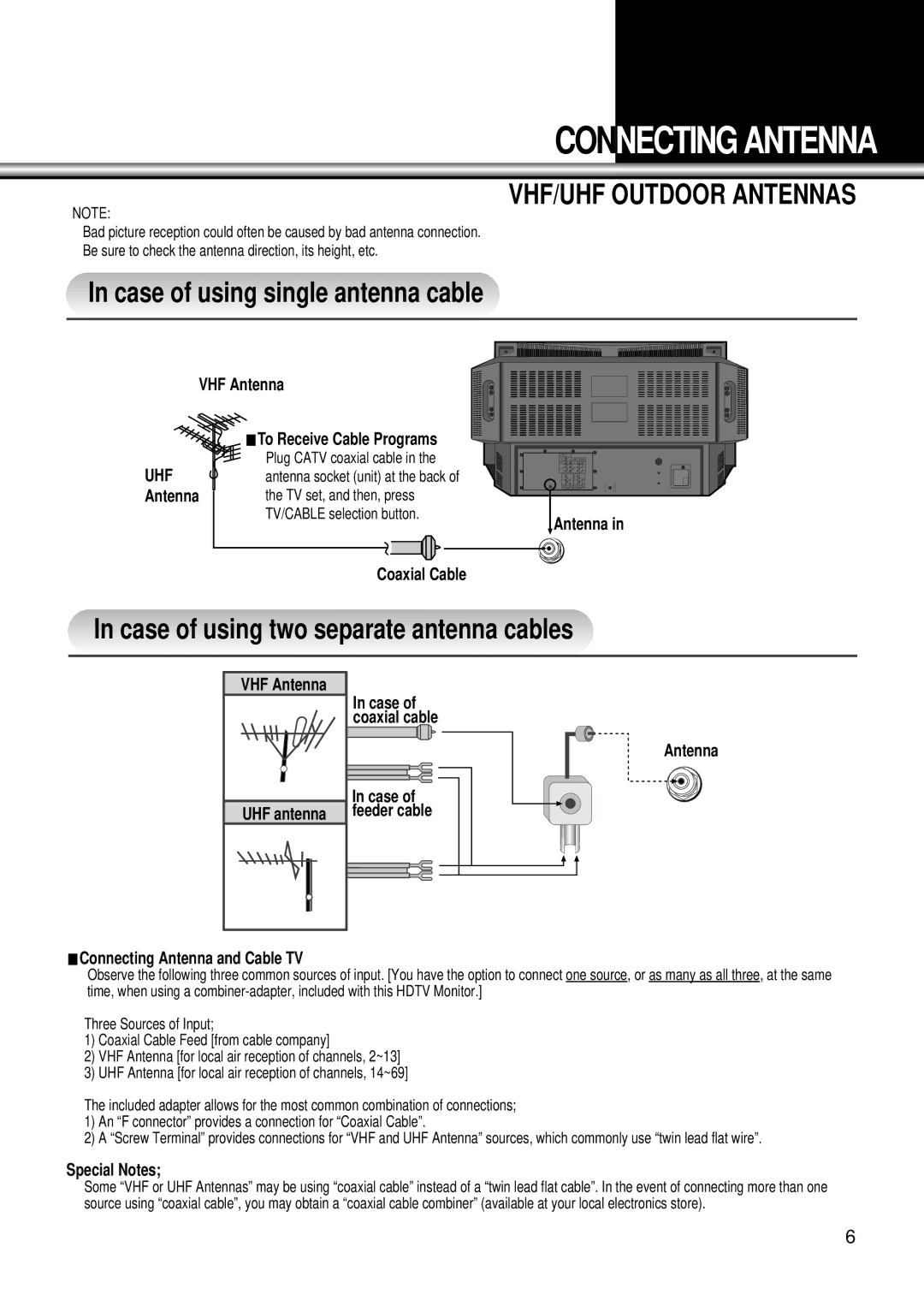 Daewoo DSC-34W70N Connecting Antenna, Case of using single antenna cable, Case of using two separate antenna cables 