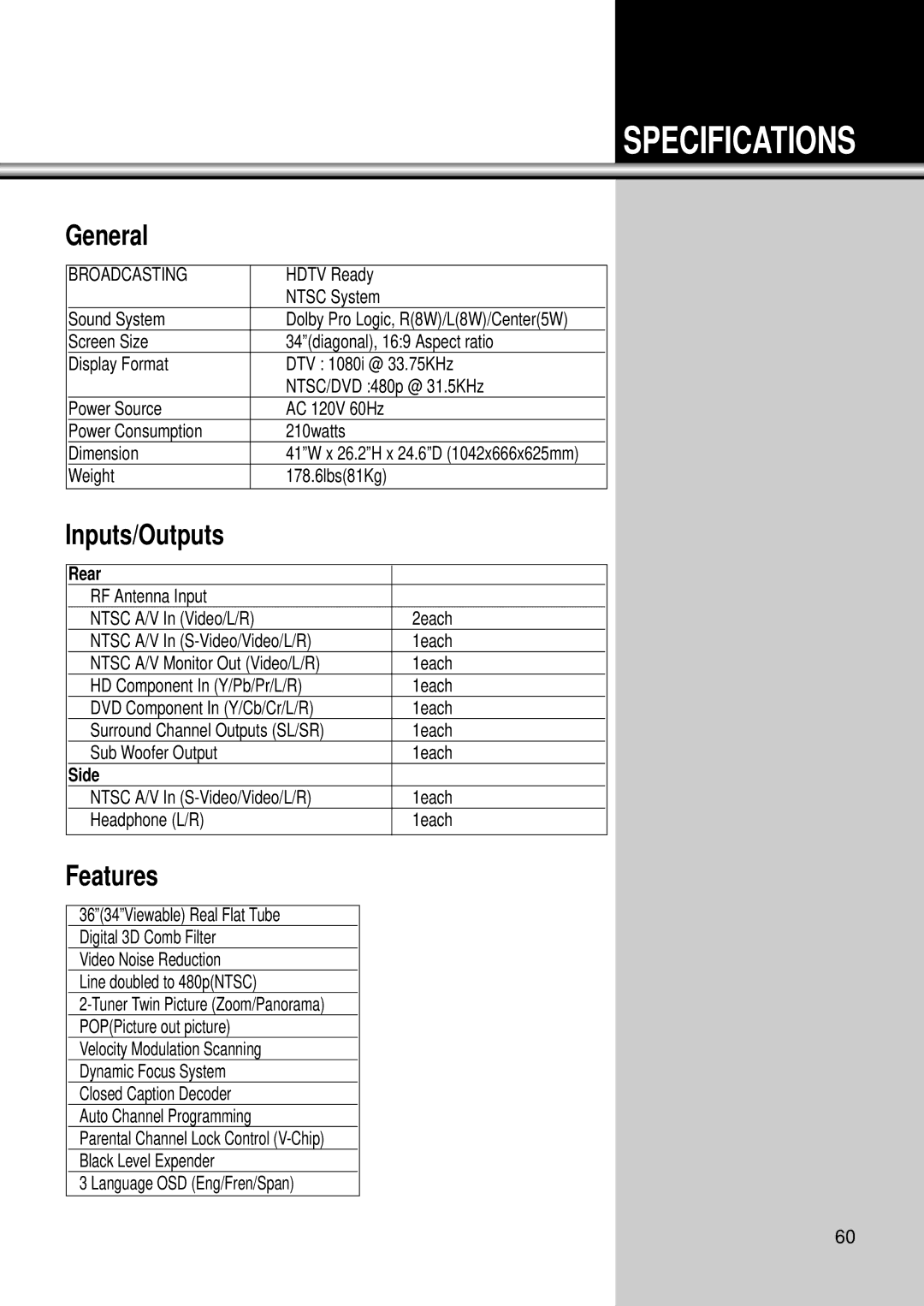 Daewoo DSC-34W70N user manual Specifications, General, Inputs/Outputs, Features 