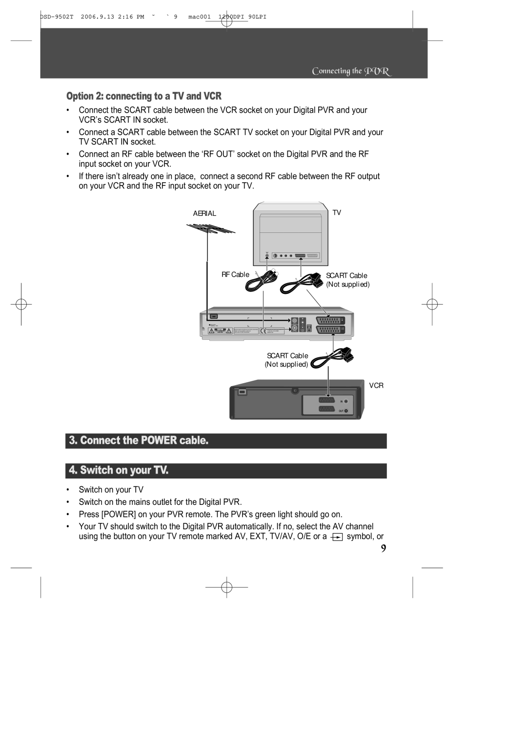 Daewoo DSD-9502T manual Connect the Power cable Switch on your TV, Option 2 connecting to a TV and VCR 