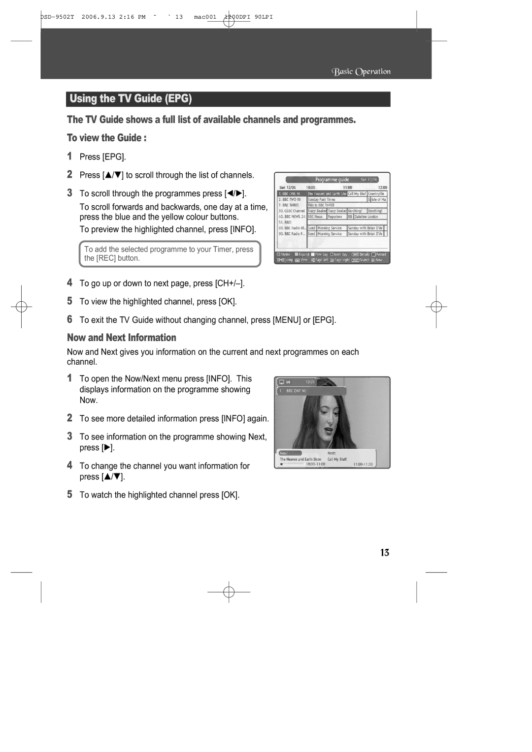 Daewoo DSD-9502T manual Using the TV Guide EPG, Now and Next Information 