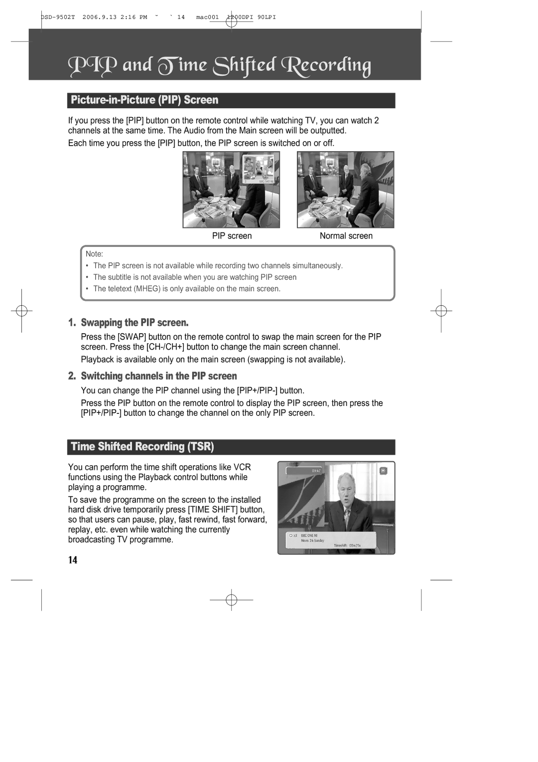 Daewoo DSD-9502T manual PIP and T ime Shifted Recording, Picture-in-Picture PIP Screen, Time Shifted Recording TSR 