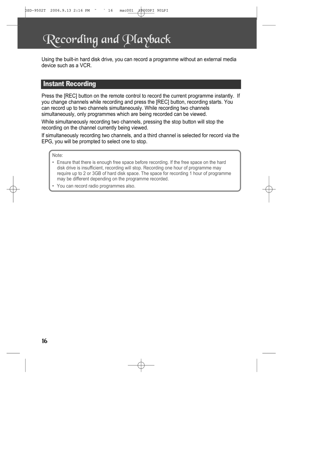 Daewoo DSD-9502T manual Recording and Playback, Instant Recording 