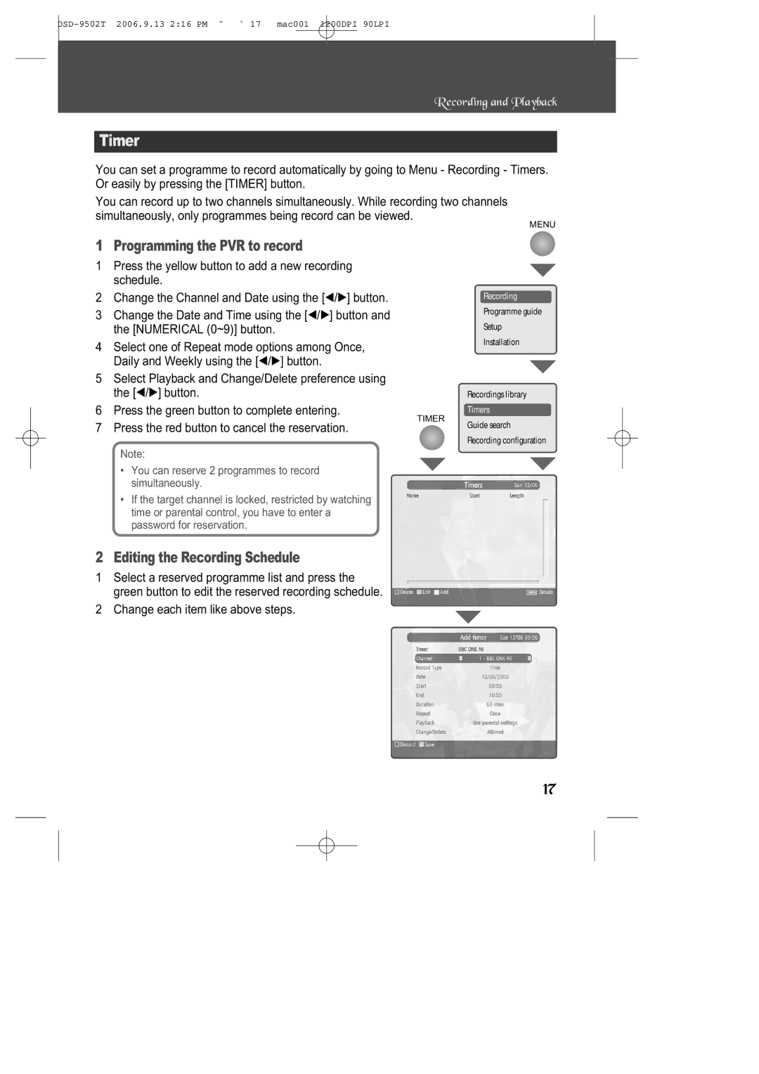 Daewoo DSD-9502T manual Timer, Programming the PVR to record, Editing the Recording Schedule 