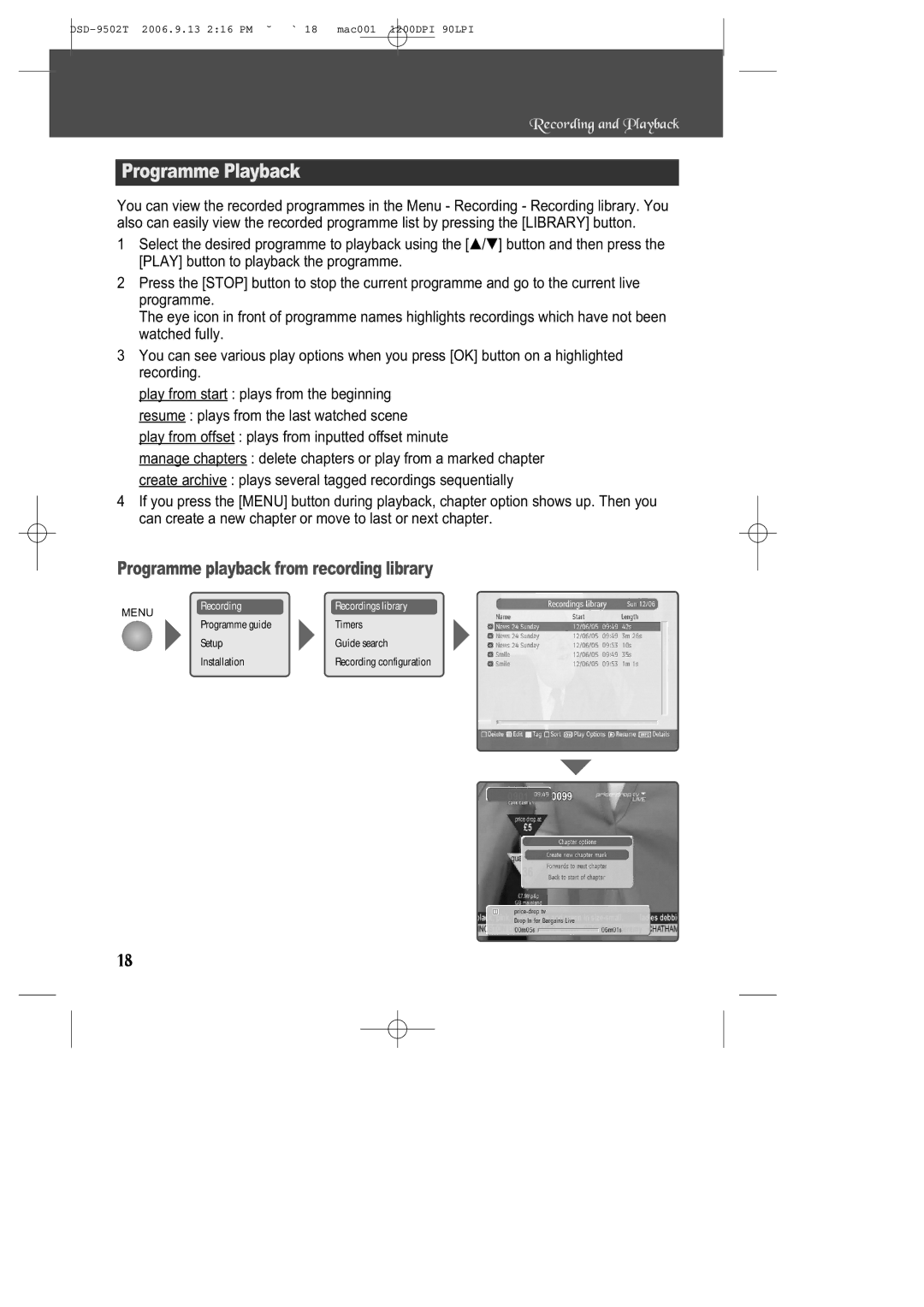 Daewoo DSD-9502T manual Programme Playback, Programme playback from recording library 