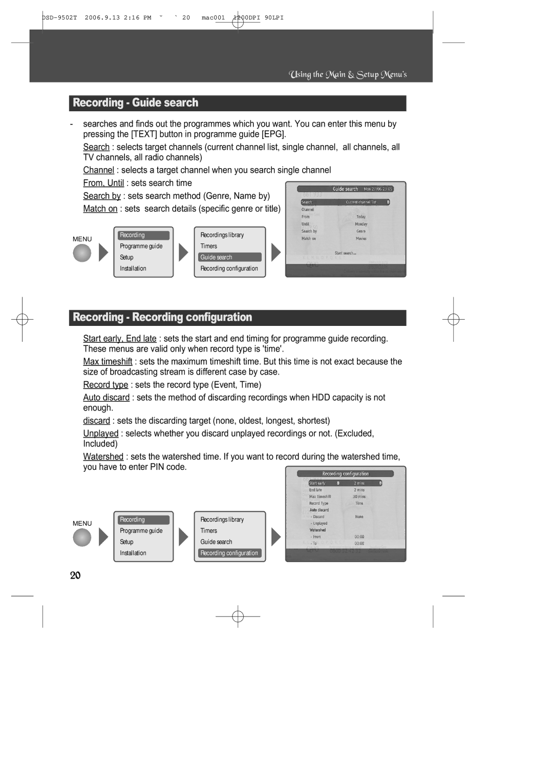 Daewoo DSD-9502T manual Recording Guide search, Recording Recording configuration 