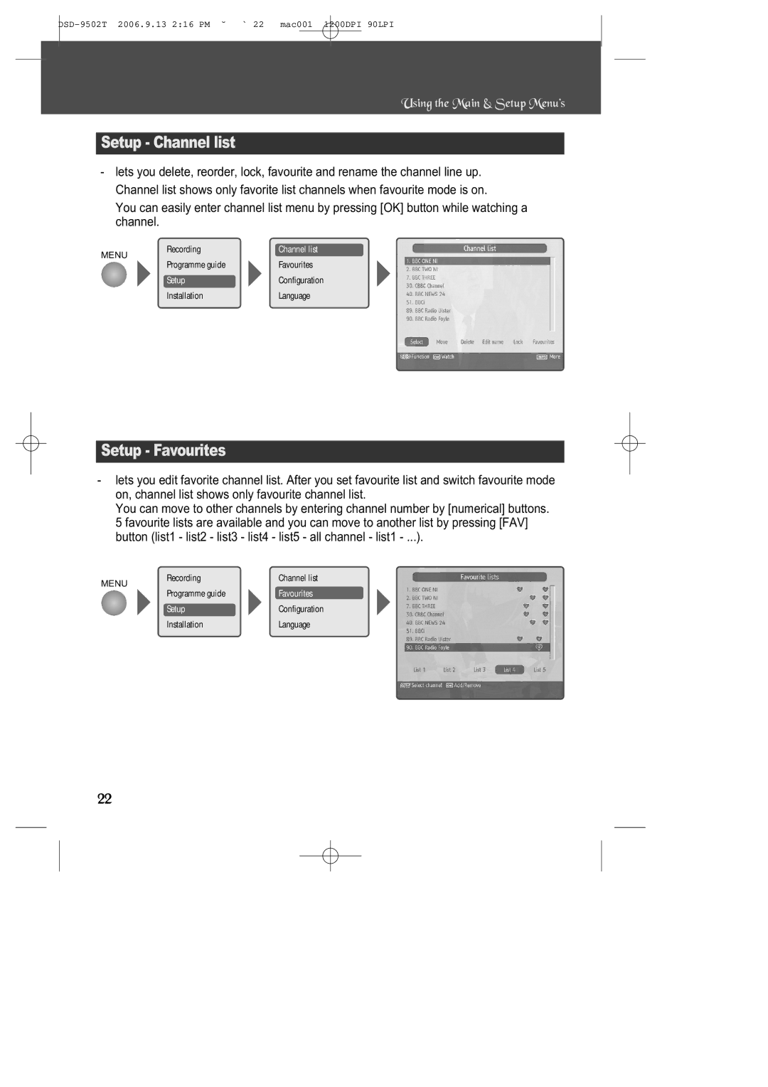 Daewoo DSD-9502T manual Setup Channel list, Setup Favourites 