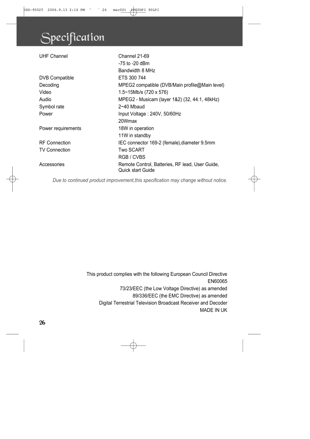 Daewoo DSD-9502T manual Specification 