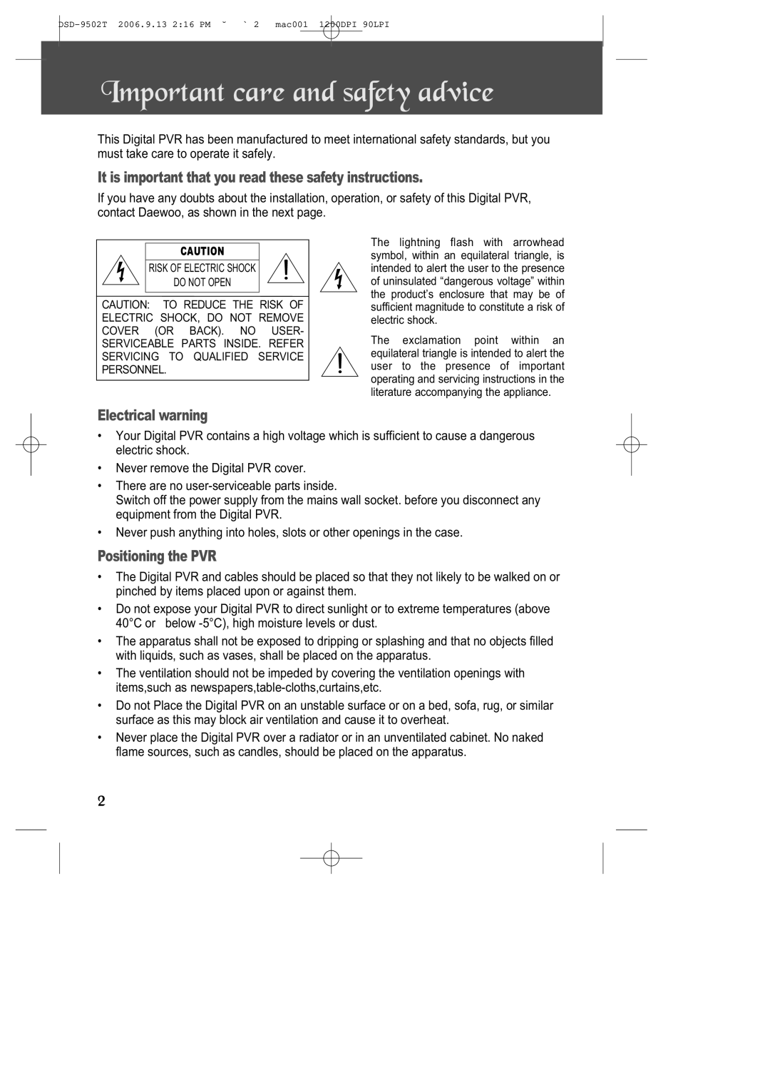 Daewoo DSD-9502T manual Important care and safety advice, It is important that you read these safety instructions 