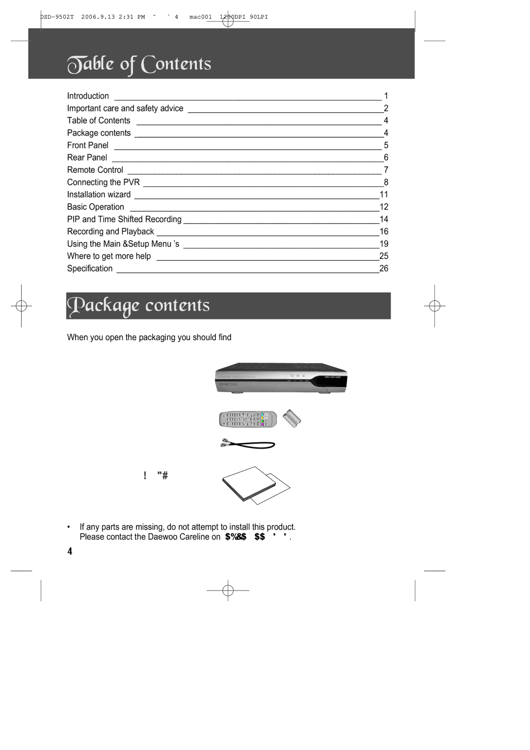 Daewoo DSD-9502T manual Table of Contents, Package contents 