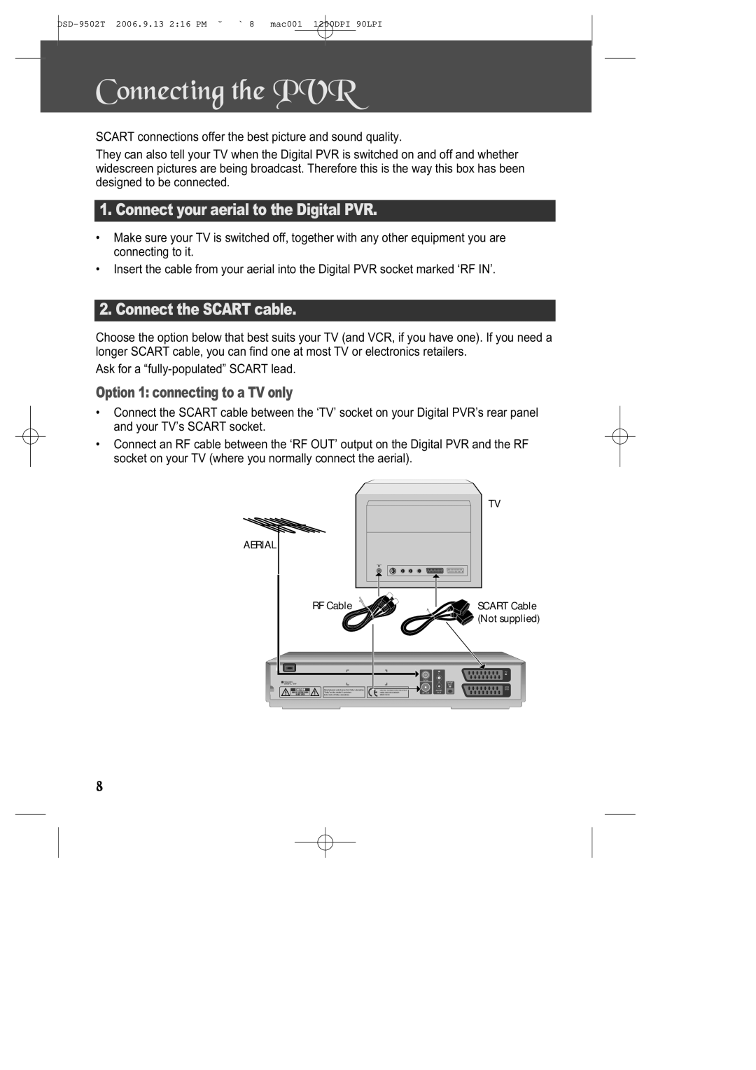 Daewoo DSD-9502T manual Connecting the PVR, Connect your aerial to the Digital PVR, Connect the Scart cable 