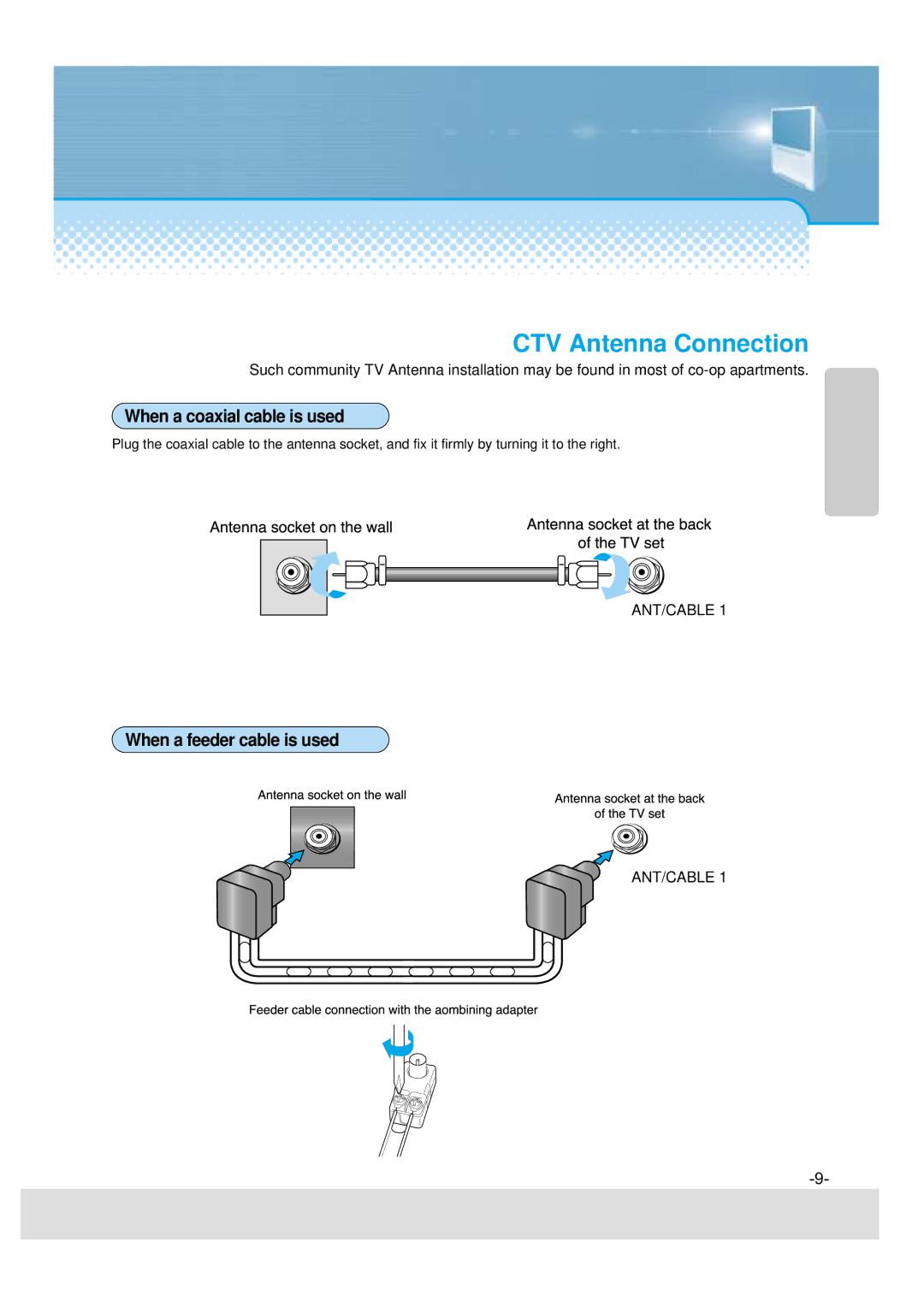 Daewoo 5520CRA, DSJ-4710CRA, 5510CRA, DSJ-4720CRA instruction manual CTV Antenna Connection, When a coaxial cable is used 