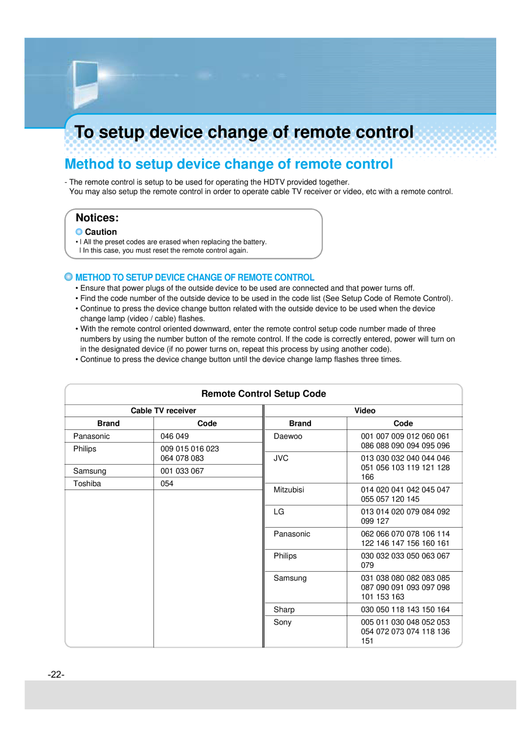 Daewoo DSJ-4720CRA, DSJ-4710CRA To setup device change of remote control, Method to setup device change of remote control 