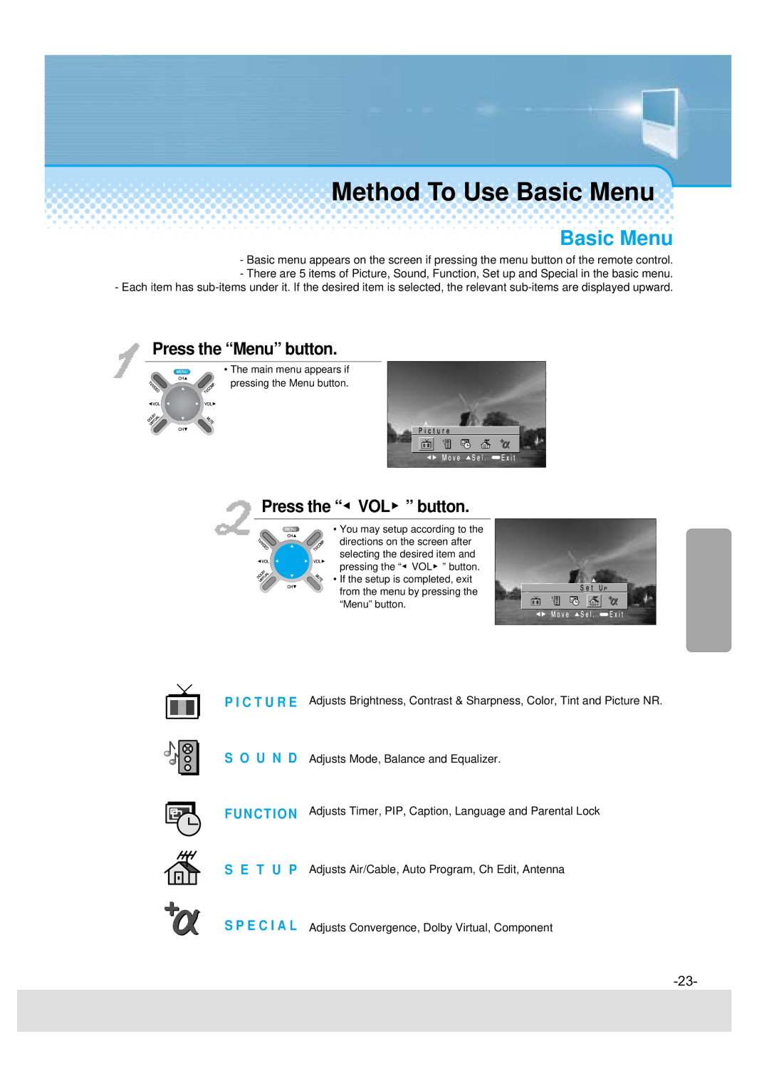 Daewoo DSJ-4710CRA, 5510CRA, 5520CRA, DSJ-4720CRA Method To Use Basic Menu, Press the Menu button, Press the VOL button 