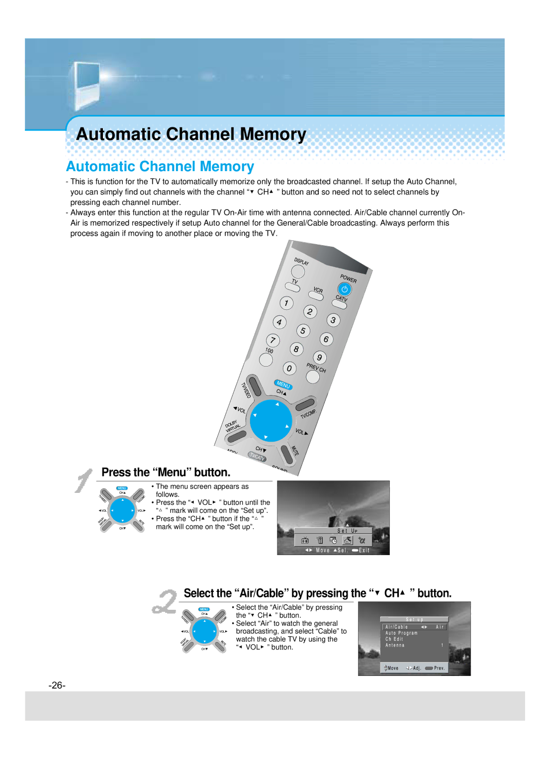 Daewoo DSJ-4720CRA, DSJ-4710CRA, 5510CRA, 5520CRA Automatic Channel Memory, Select the Air/Cable by pressing the CH button 