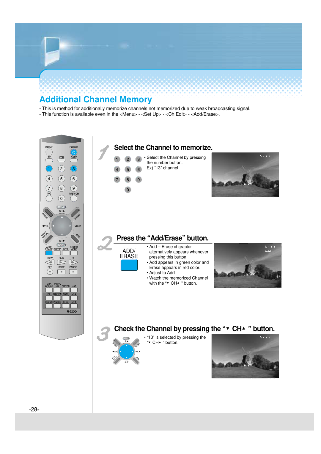 Daewoo 5510CRA, DSJ-4710CRA, 5520CRA Additional Channel Memory, Select the Channel to memorize, Press the Add/Erase button 